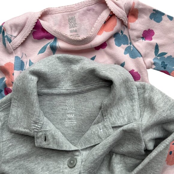Baby Girl 3 Piece Matching Set 18 Months Floral Pink Grey Top Pants Cardigan Lon - Picture 2 of 2